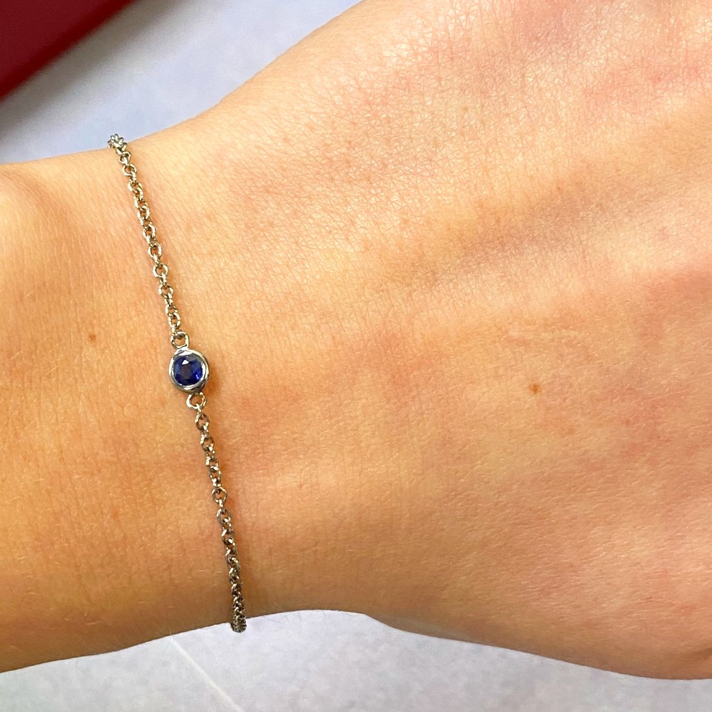 Rachel Koen Single Bezel Blue Sapphire Ladies Chain Bracelet 14k White Gold